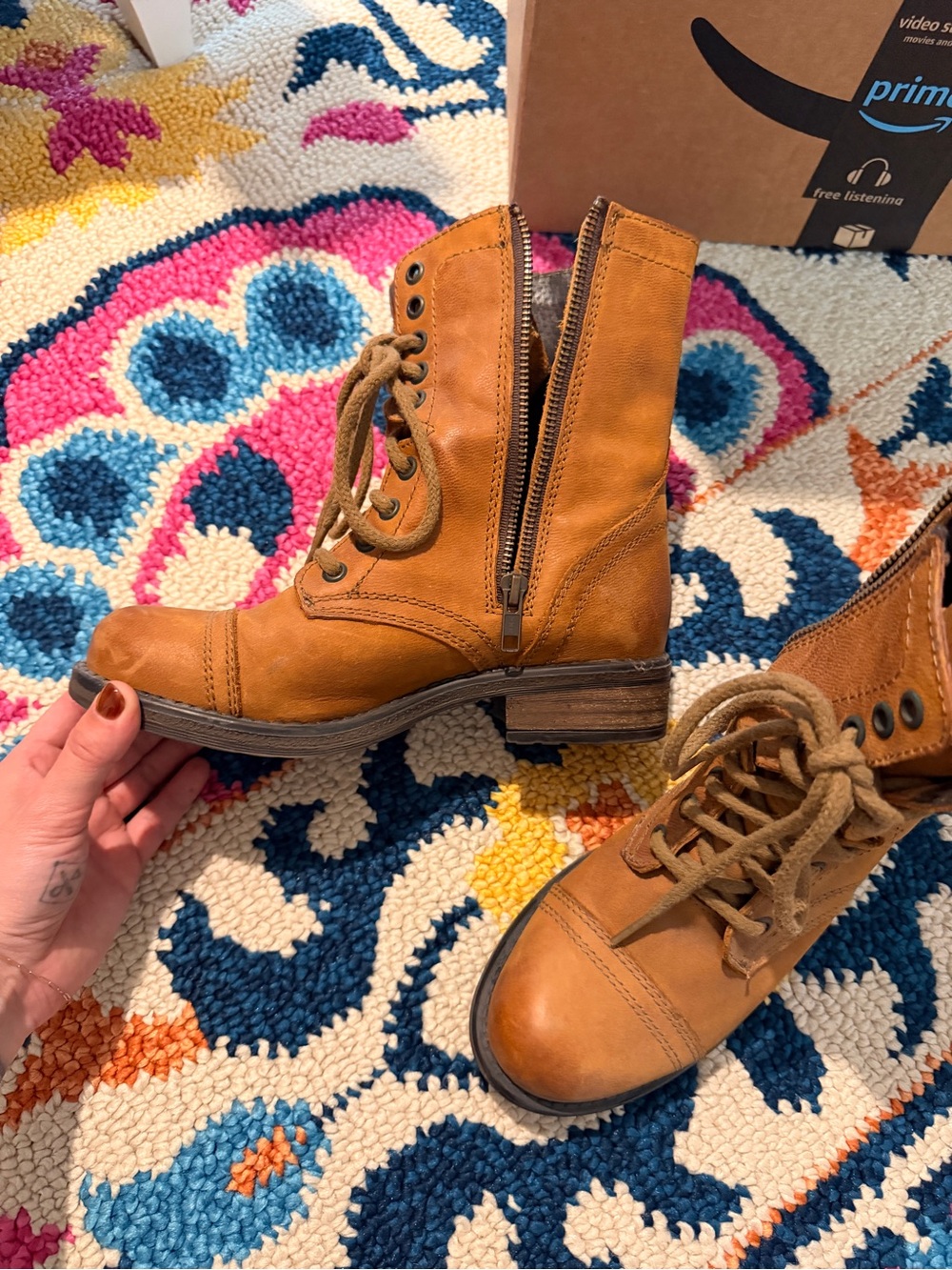Steve Madden Cognac Lace-Up Leather Combat Boots - Picture 2 of 6